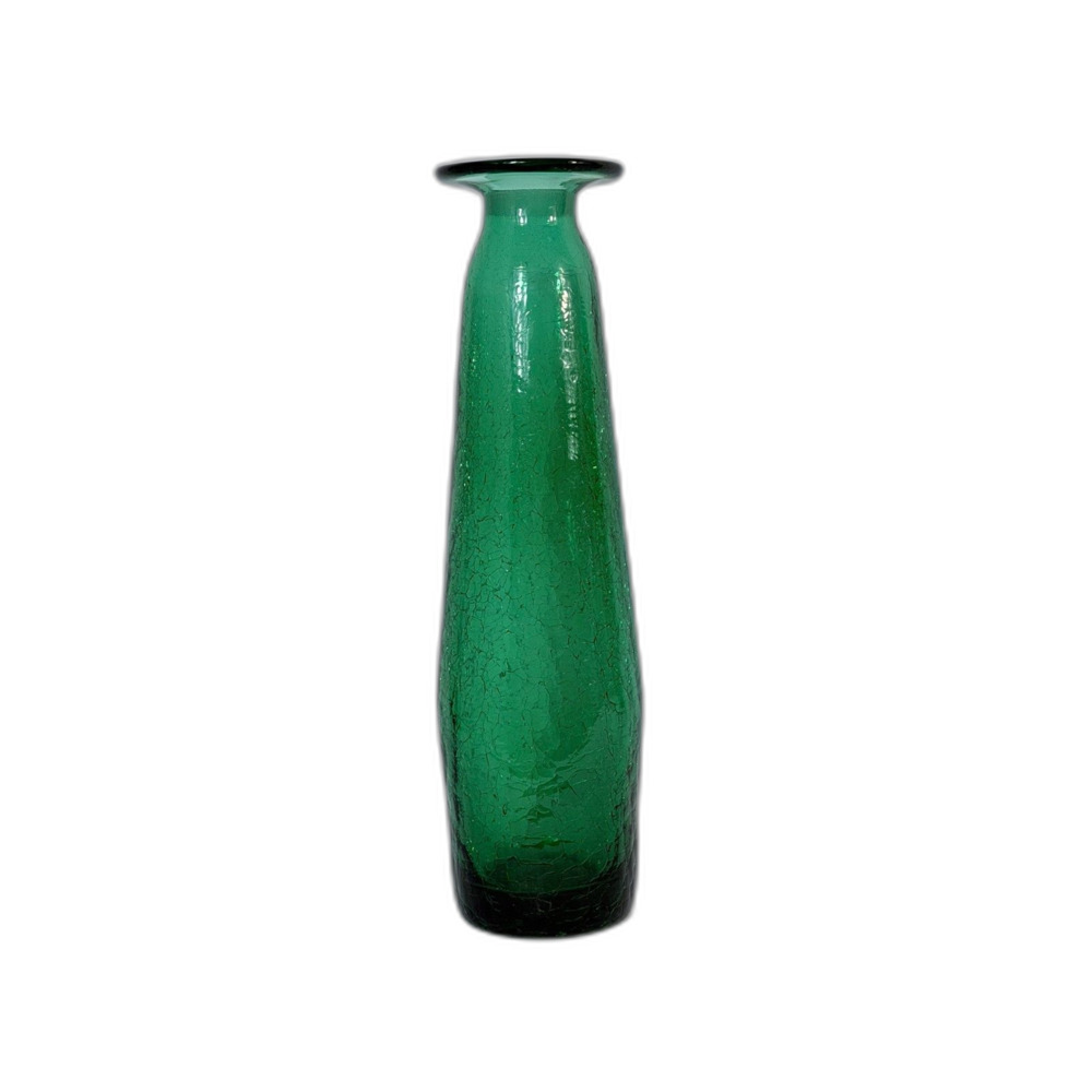 VTG Emerald Green Crackle Glass Tall Mod Large Vase Decanter Decor Art Glass